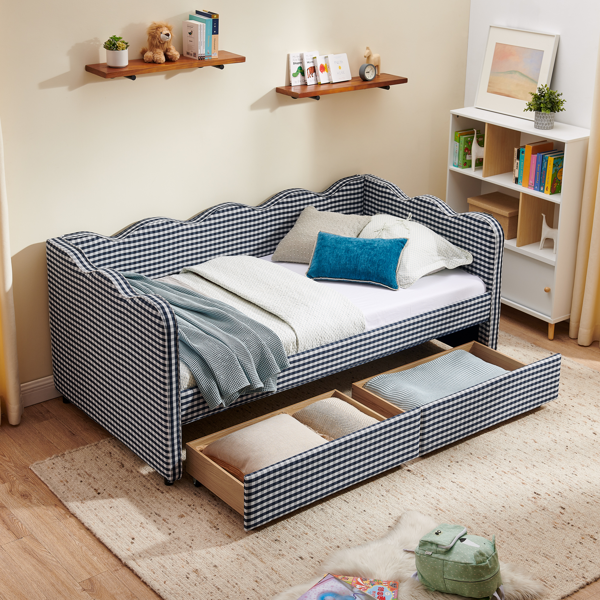 Twin Size Daybed With Two Storage Drawers, USB Port And Adorable Wave Shaped 3 Twin Size Daybed With Two Storage Drawers, USB Port And Adorable Wave Shaped