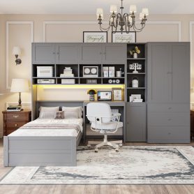 Wooden Twin Size Platform Bed With Desk, Wardrobe, Cabinets, Drawers, And Shelves