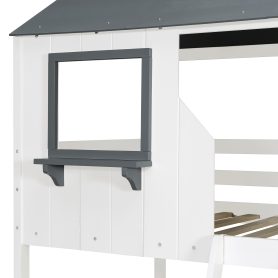 Wood Twin Over Twin Bunk Bed with Roof, Window, Guardrail, Ladder