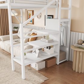 Twin Size High Loft Bed with Wardrobe and Storage Shelves