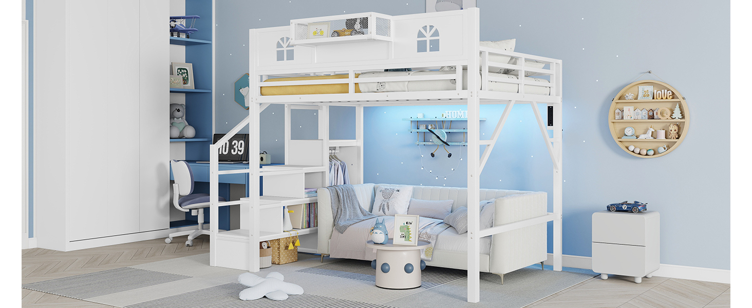 Metal Full Size Loft Bed with High and House Shaped Guardrails 18 Metal Full Size Loft Bed with High and House Shaped Guardrails