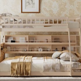 Twin XL over Queen Bunk Bed with Integrated Shelving, Color-Changing Lights and Pegboard