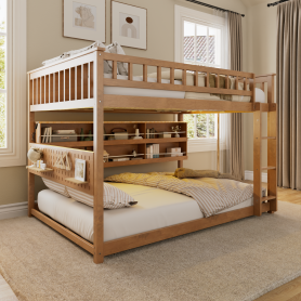 Full Over Full Bunk Bed With Integrated Shelving, Color-changing Lights And Pegboard