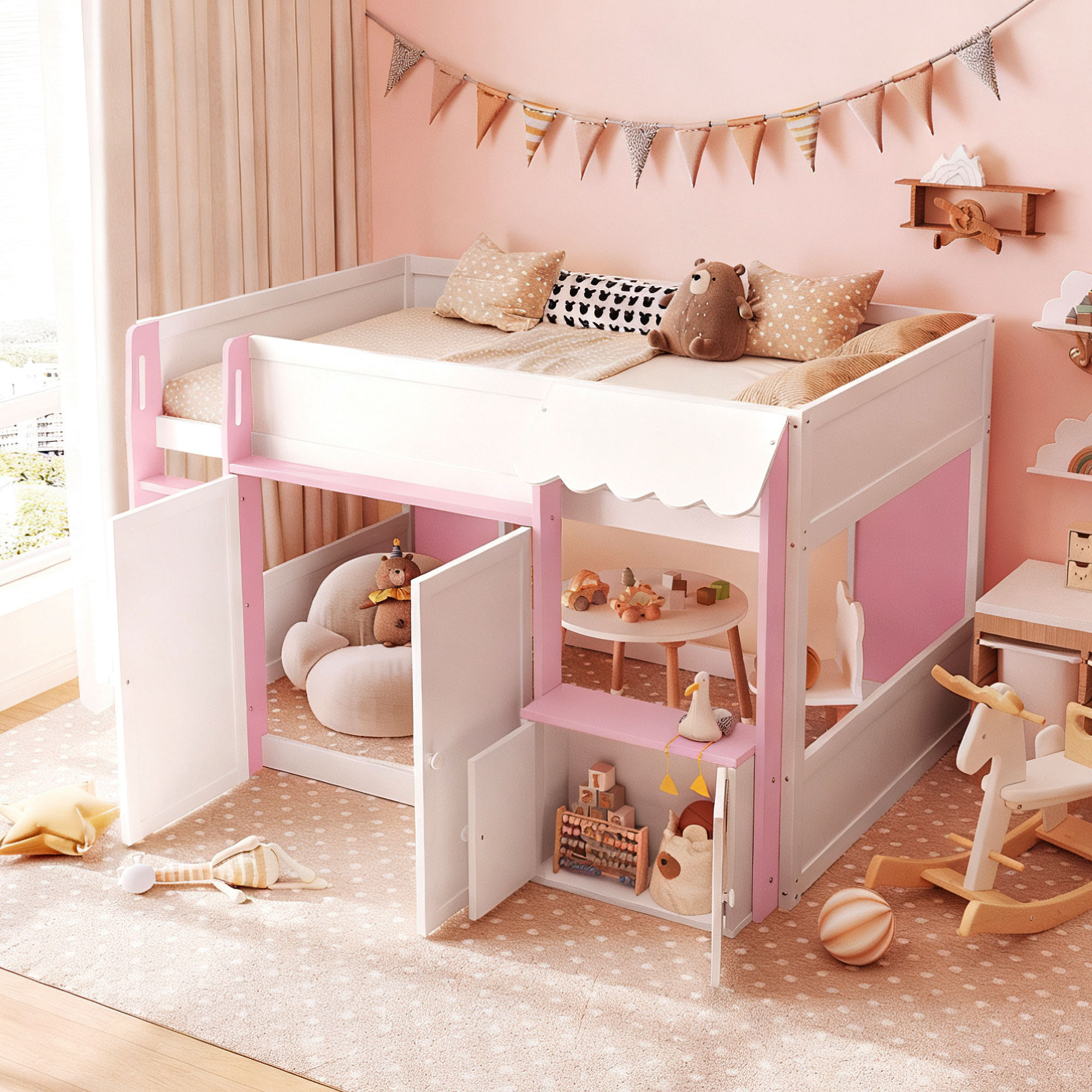 Full Loft House Bed with Playhouse & Storage