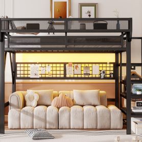 Metal Queen Size High Loft Bed With Stairs, Light And Storage