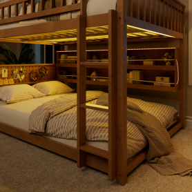 Full Over Full Bunk Bed With Integrated Shelving, Color-changing Lights And Pegboard