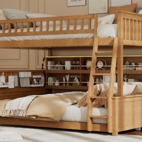Full XL over Queen Bunk Bed with Integrated Shelving, Color-Changing Lights and Pegboard