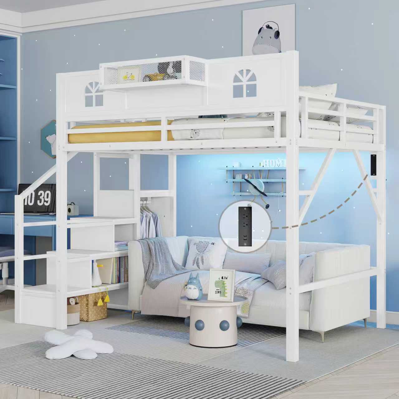 Metal Full Size Loft Bed with High and House Shaped Guardrails 3 Metal Full Size Loft Bed with High and House Shaped Guardrails