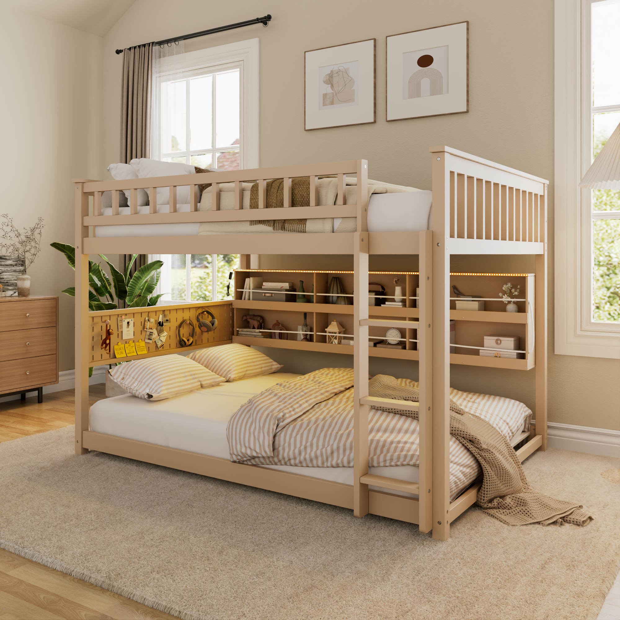 Full Over Full Bunk Bed With Integrated Shelving, Color-changing Lights And Pegboard