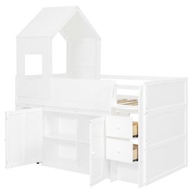 Twin Size Wooden Loft Bed With Desk, Drawers and Cabinets