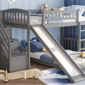 Twin over Twin Bunk Bed with Stairway, Two Drawers and Slide