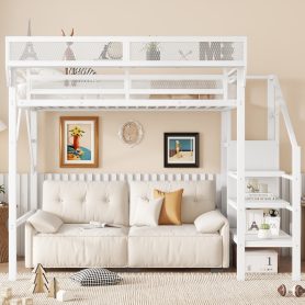 Twin Size High Loft Bed with Wardrobe and Storage Shelves
