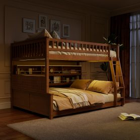 Full XL over Queen Bunk Bed with Integrated Shelving, Color-Changing Lights and Pegboard