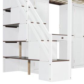 Full Size Loft Bed With Storage Staircase, Built-in Dressing Table, Wardrobe & Cabinets, USB Charging Ports And Lights