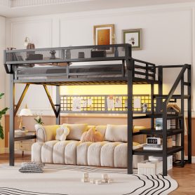 Metal Queen Size High Loft Bed With Stairs, Light And Storage
