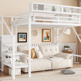 Twin Size High Loft Bed with Wardrobe and Storage Shelves