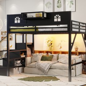 Metal Queen Size Loft Bed with High and House Shaped Guardrails 25 Metal Queen Size Loft Bed with High and House Shaped Guardrails