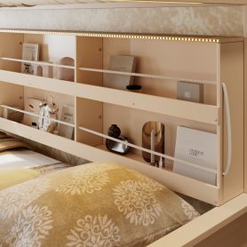 Twin XL over Queen Bunk Bed with Integrated Shelving, Color-Changing Lights and Pegboard