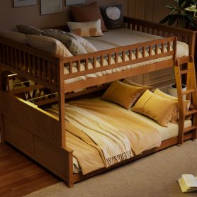 Full XL over Queen Bunk Bed with Integrated Shelving, Color-Changing Lights and Pegboard