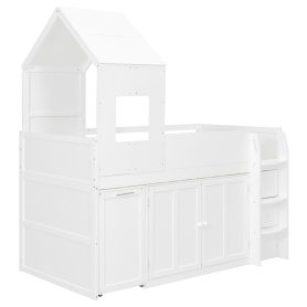 Twin Size Wooden Loft Bed With Desk, Drawers and Cabinets