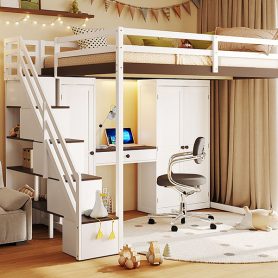 Full Size Loft Bed With Storage Staircase, Built-in Dressing Table, Wardrobe & Cabinets, USB Charging Ports And Lights