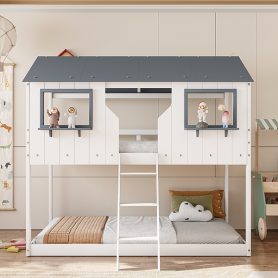 Wood Twin Over Twin Bunk Bed with Roof, Window, Guardrail, Ladder
