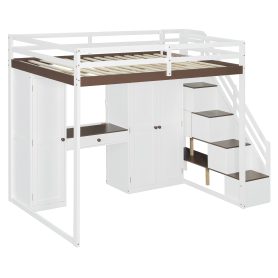 Full Size Loft Bed With Storage Staircase, Built-in Dressing Table, Wardrobe & Cabinets, USB Charging Ports And Lights