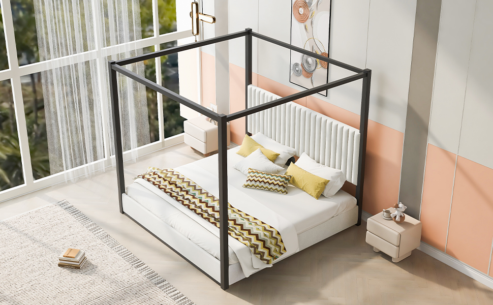 King Size Upholstery Canopy Platform Bed with Headboard and Metal Frame 7 King Size Upholstery Canopy Platform Bed with Headboard and Metal Frame