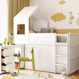Twin Size Wooden Loft Bed With Desk, Drawers and Cabinets