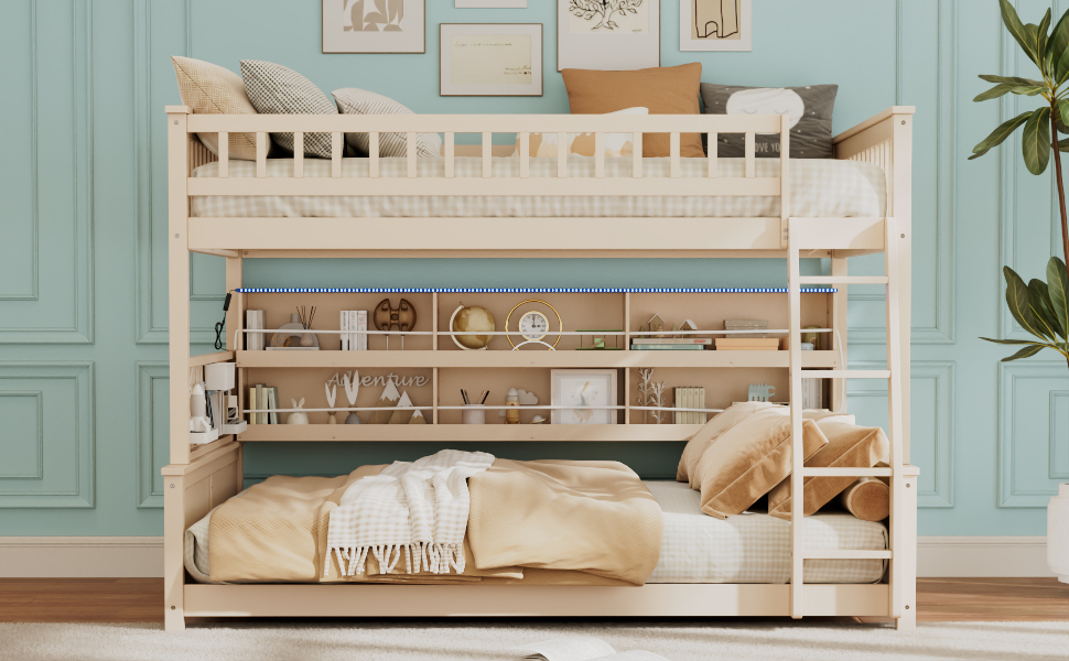 Full XL over Queen Bunk Bed with Integrated Shelving, Color-Changing Lights and Pegboard