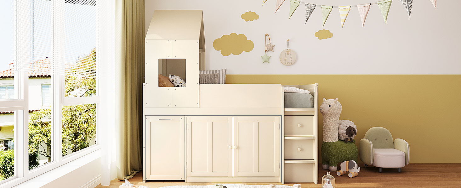 Twin Size Wooden Loft Bed With Desk, Drawers and Cabinets