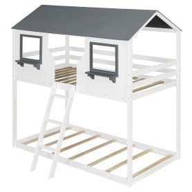 Wood Twin Over Twin Bunk Bed with Roof, Window, Guardrail, Ladder