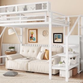 Twin Size High Loft Bed with Wardrobe and Storage Shelves