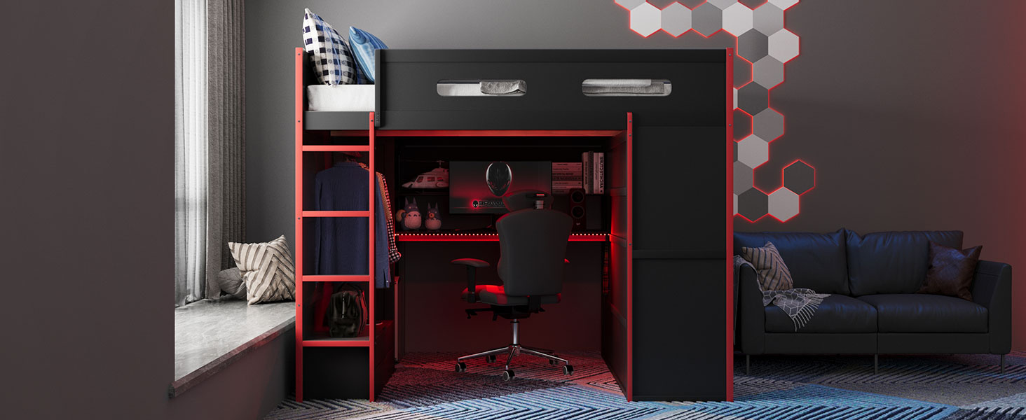 Full Size Wood Loft Bed with Desk,Wardrobe,Ample Storage Space,and RGB Light 22 Full Size Wood Loft Bed with Desk,Wardrobe,Ample Storage Space,and RGB Light