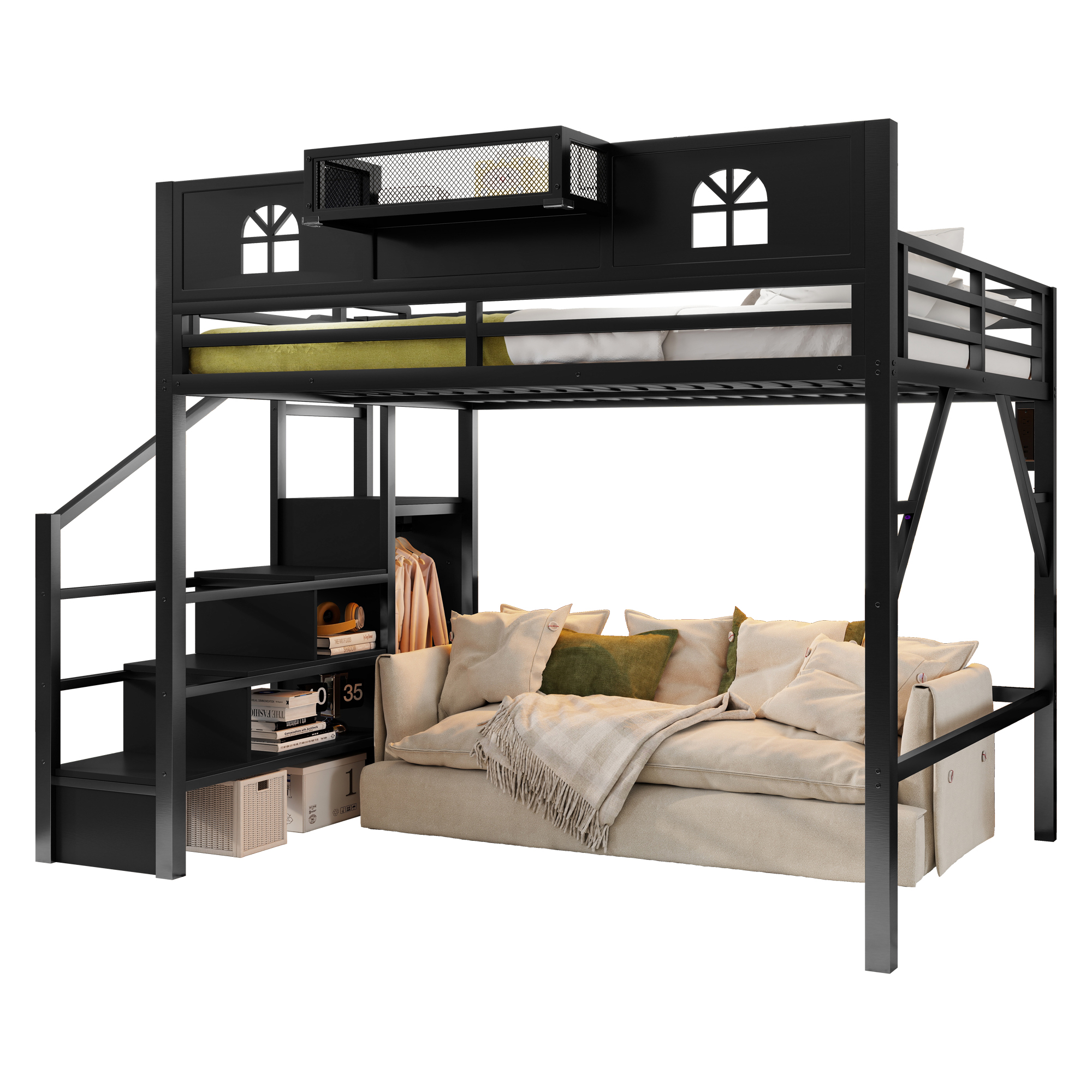 Metal Queen Size Loft Bed with High and House Shaped Guardrails 10 Metal Queen Size Loft Bed with High and House Shaped Guardrails
