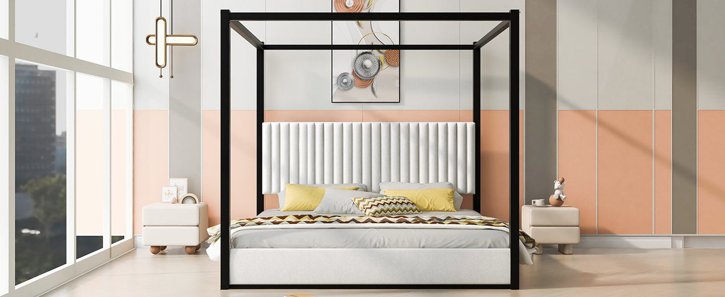 King Size Upholstery Canopy Platform Bed with Headboard and Metal Frame 9 King Size Upholstery Canopy Platform Bed with Headboard and Metal Frame