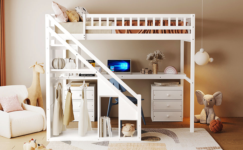 Twin Size Loft Bed with Two Chest of Drawers, Desk and Light Strip 15 Twin Size Loft Bed with Two Chest of Drawers, Desk and Light Strip