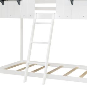 Wood Twin Over Twin Bunk Bed with Roof, Window, Guardrail, Ladder