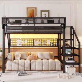 Metal Queen Size High Loft Bed With Stairs, Light And Storage