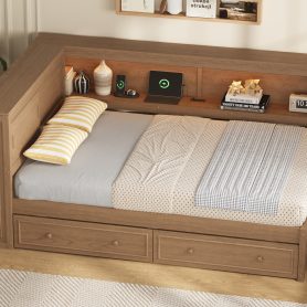Full Size Wood Daybed with Storage Shelves, USB, LED, and 2 Drawers