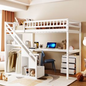 Twin Size Loft Bed with Two Chest of Drawers, Desk and Light Strip