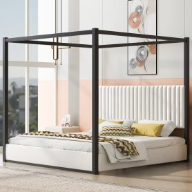 King Size Upholstery Canopy Platform Bed with Headboard and Metal Frame