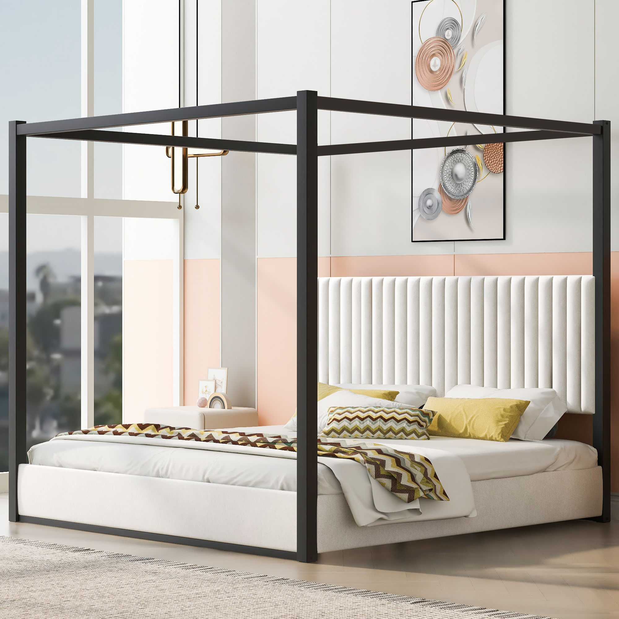 King Size Upholstery Canopy Platform Bed with Headboard and Metal Frame 3 King Size Upholstery Canopy Platform Bed with Headboard and Metal Frame