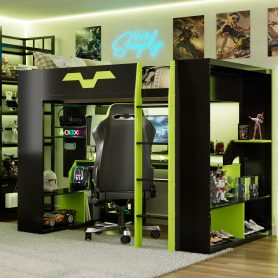 Full Size Wood Loft Bed with Power Outlet & USB/Type-C Ports, Integrated Cable Management, and RGB Light