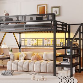 Metal Queen Size High Loft Bed With Stairs, Light And Storage