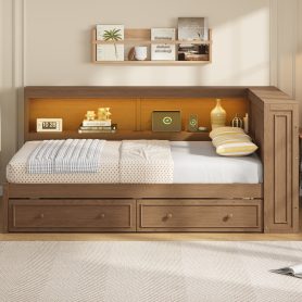 Full Size Wood Daybed with Storage Shelves, USB, LED, and 2 Drawers