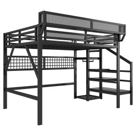 Metal Queen Size High Loft Bed With Stairs, Light And Storage