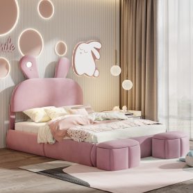 Full Size Platform Bed with Cartoon Ears Shaped Headboard and Light