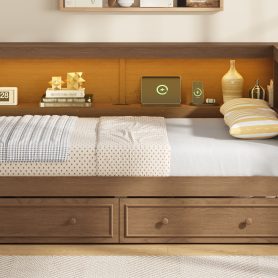 Full Size Wood Daybed with Storage Shelves, USB, LED, and 2 Drawers