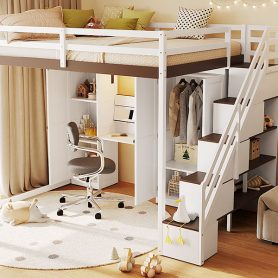 Full Size Loft Bed With Storage Staircase, Built-in Dressing Table, Wardrobe & Cabinets, USB Charging Ports And Lights